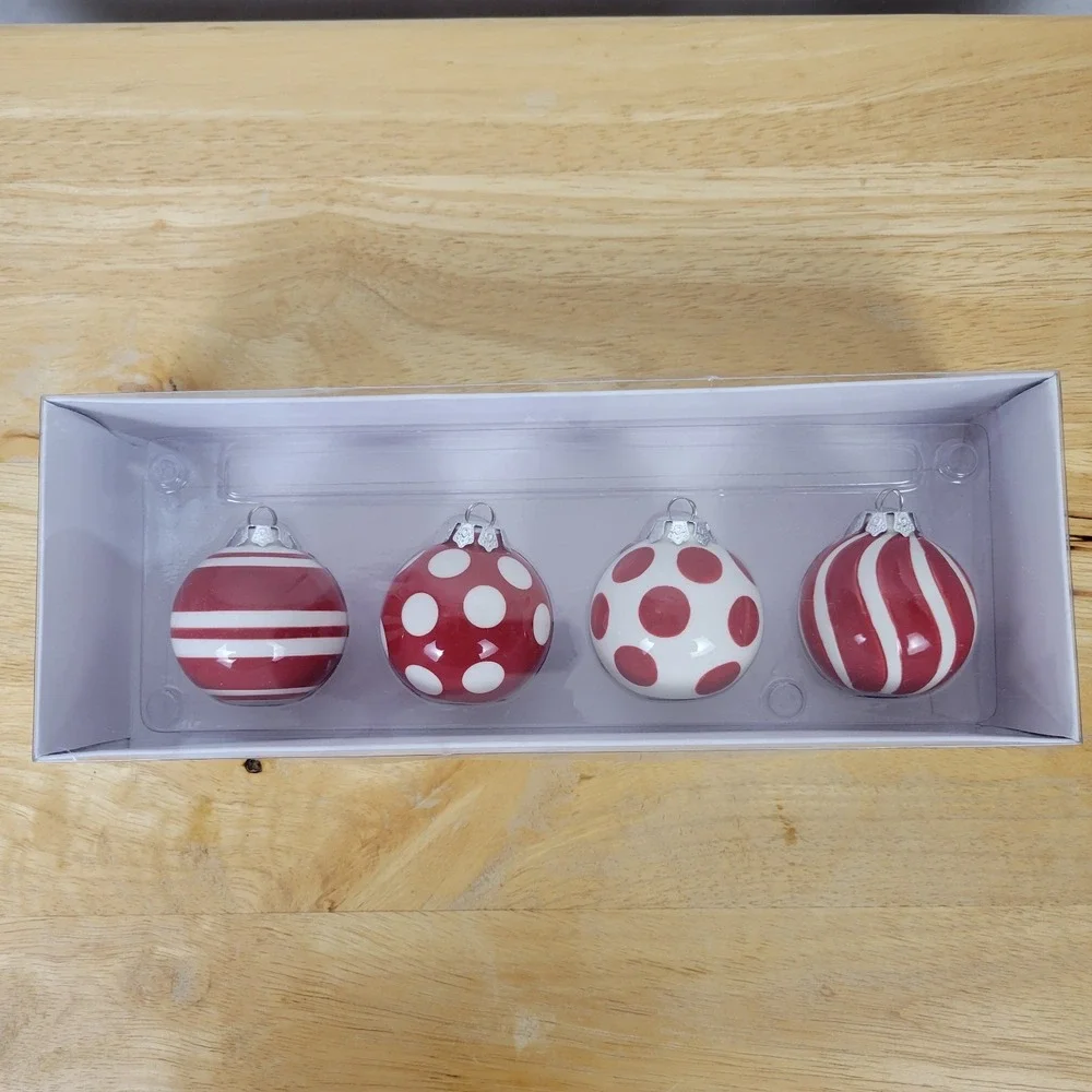 VTG Stebbins Anderson Ceramic Christmas Ornaments Red White Polka Dot Candy Cane